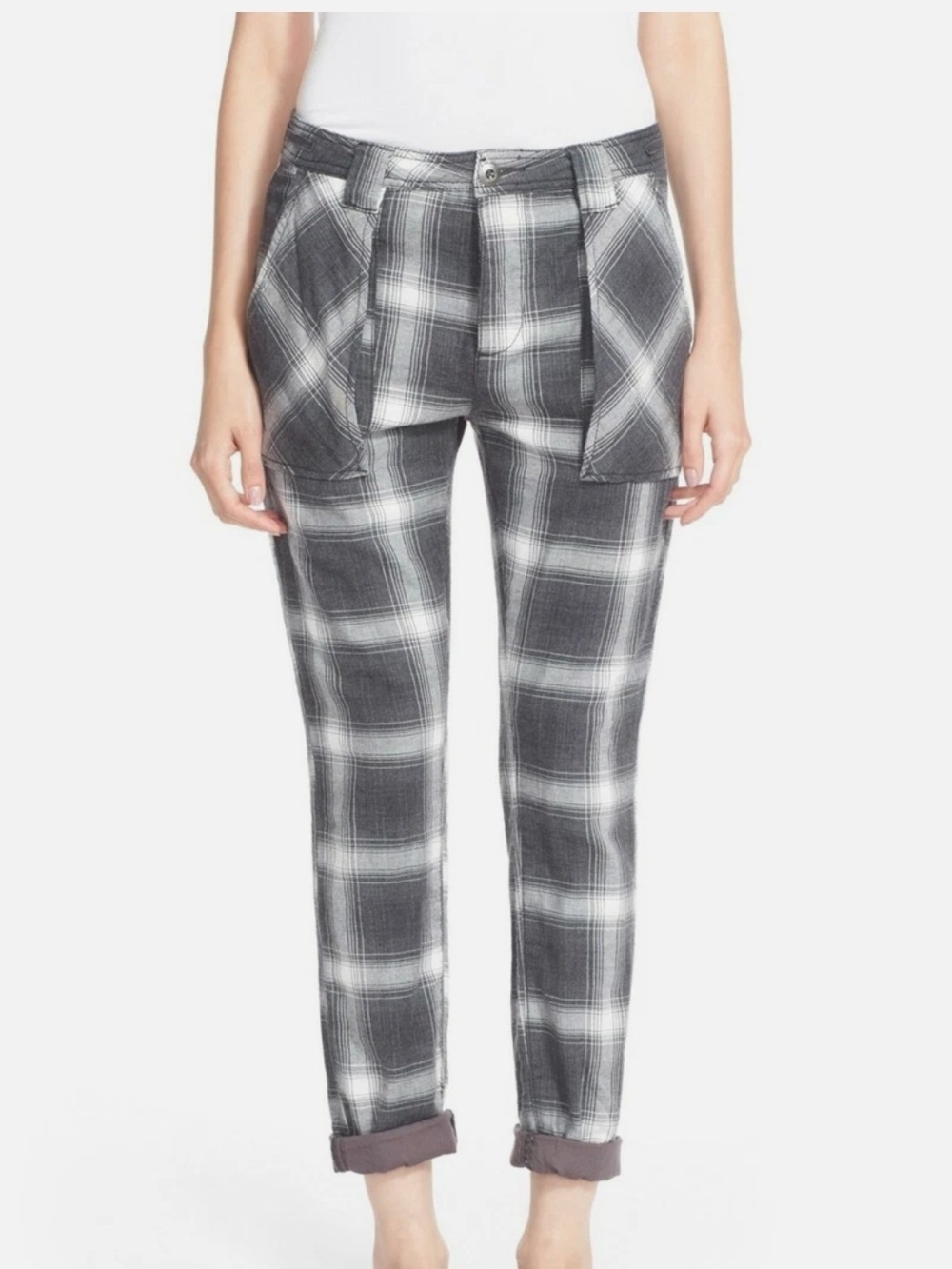 Free People Black & White Plaid Ankle Pants